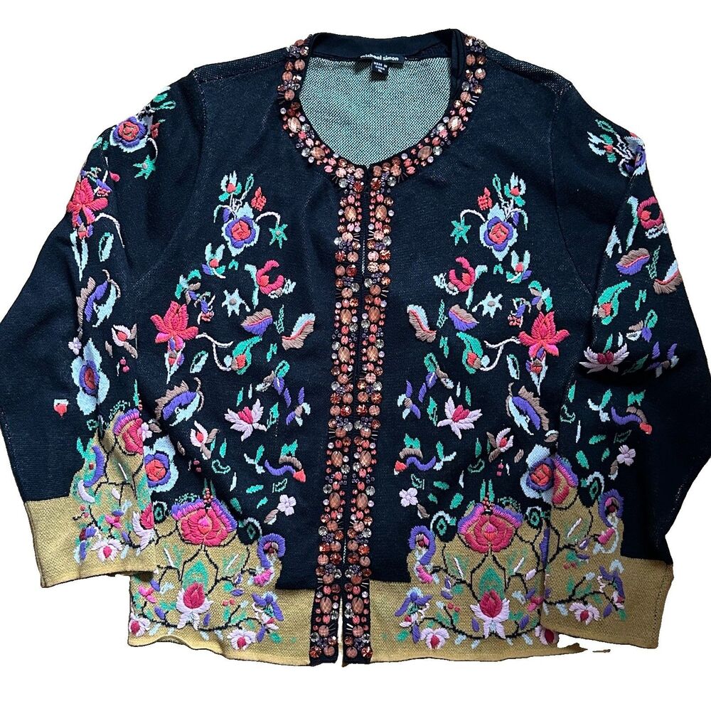 Vintage Michael Simon XL Black Floral Beaded Embroidered Cardigan Wearable Art